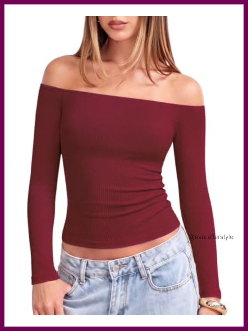 Womens Ribbed Off Shoulder Long Sleeve Top with Built in Bra Padded Slim Fit